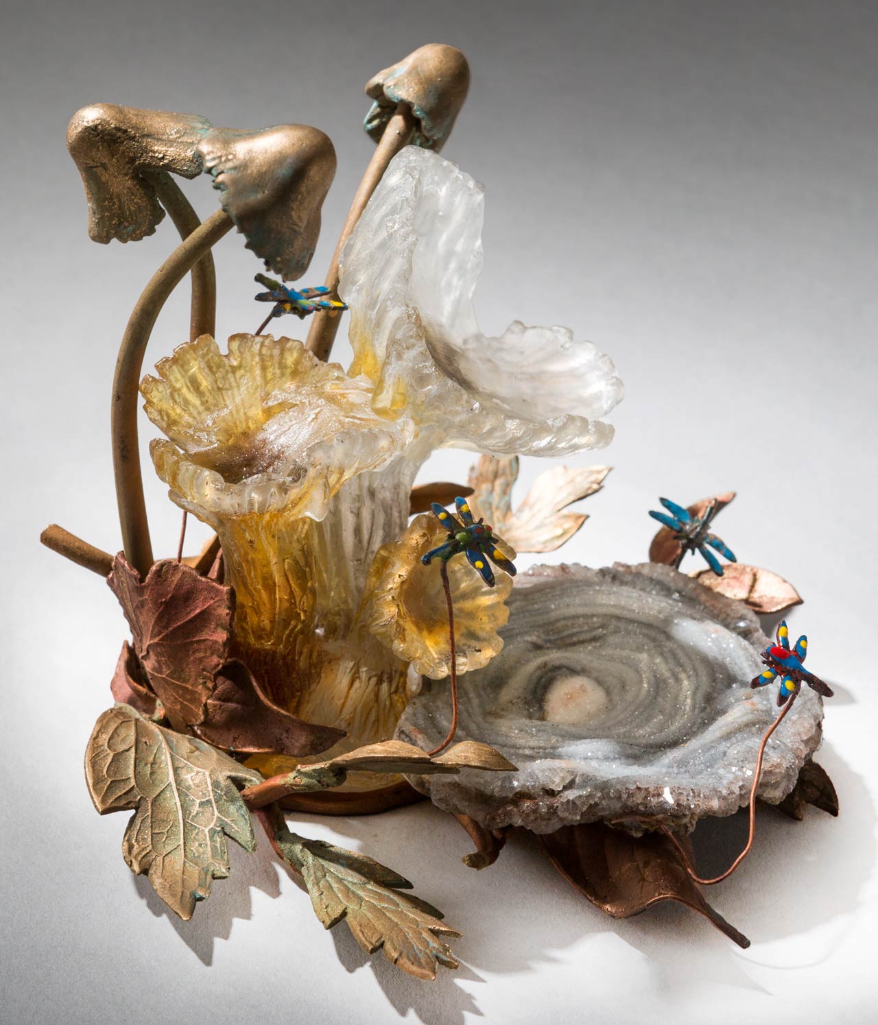 glass sculpture: mushrooms and dragonflies