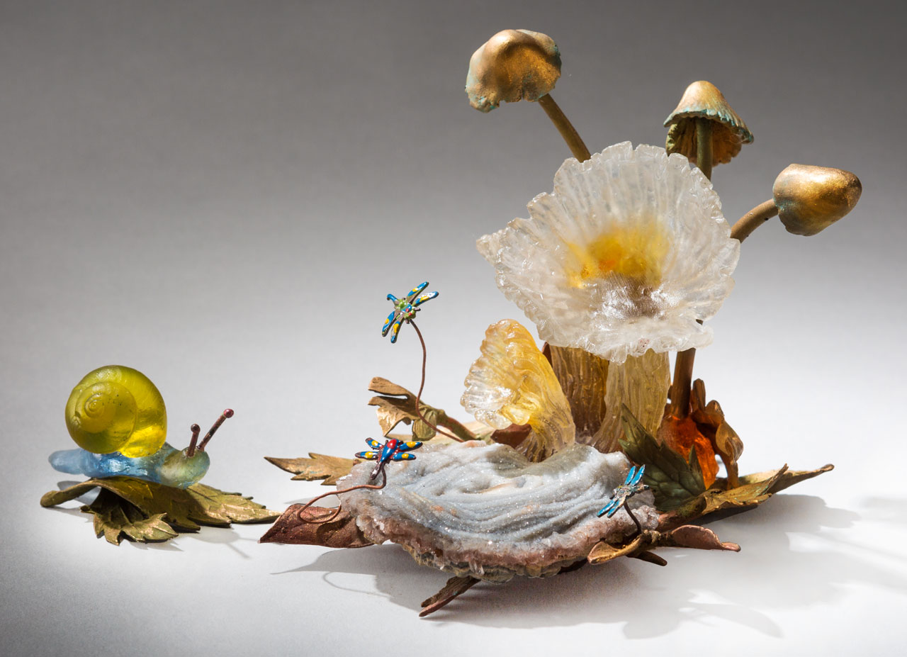 glass sculpture: mushrooms and snail